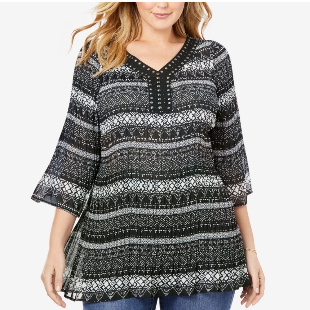 Woman Within Womens Pleated Tunic Top Size 3X‎ Bell Sleeve Studded Boho Office